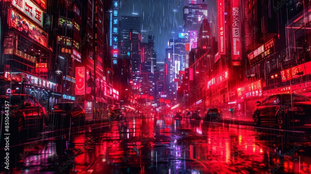 Crimson neon cityscape futuristic rain-slicked streets Crimson neon cityscape futuristic rain-slicked streets