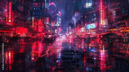 Neon crimson cityscape futuristic rain-soaked streets © javier