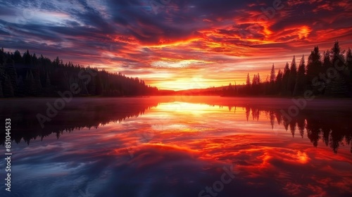 Serene lake crimson sunset reflection tranquil waters