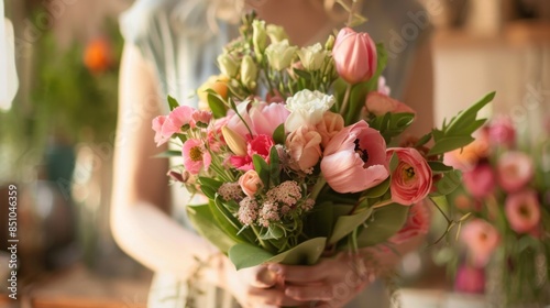 A woman holds a bouquet of pink and white flowers in her hands. The flowers include tulips, roses, and other spring blooms. The bouquet is wrapped in green leaves.