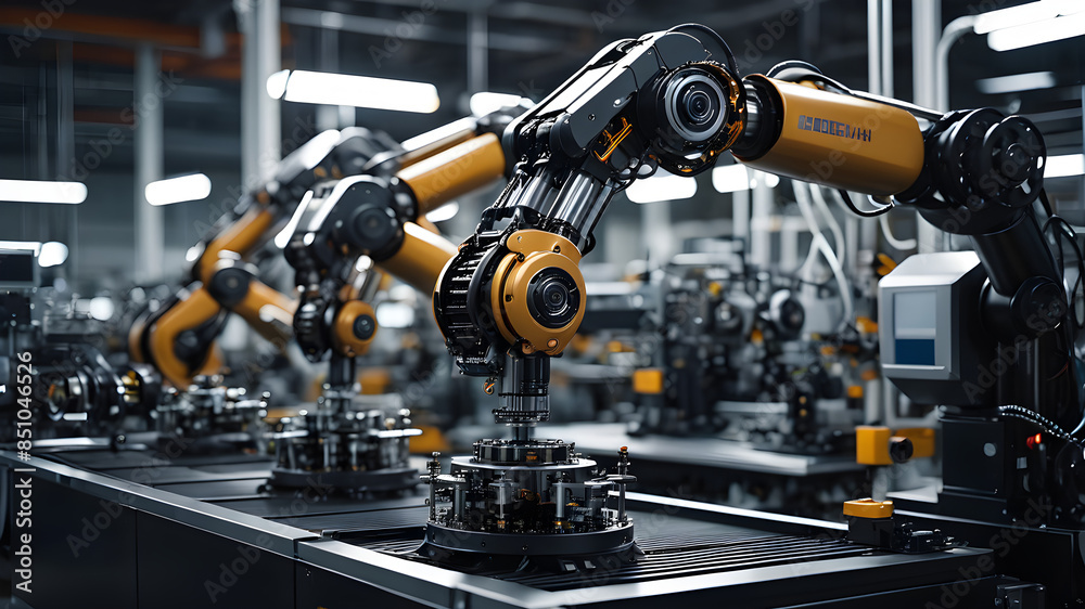 a robotic arm assembling intricate machinery in a factory. a robotic arm assembling intricate machinery in a factory.