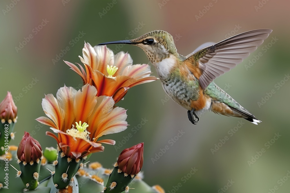 Fototapeta premium Slow Motion Hummingbird Hovering Near Cactus Flower