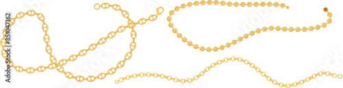 Golden chain jewelry design isolated white background. Shiny gold necklace fashion accessory vector graphic. Elegant metallic link chain illustration luxury adornment