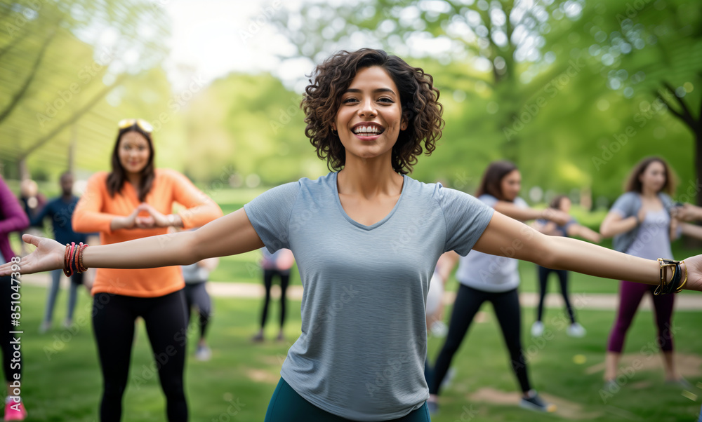 A Diverse Group of People Enjoying an Outdoor Fitness Class in a Park ...