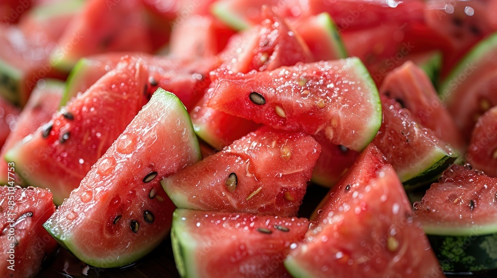 A black plate holds a watermelon slice stack with sprinkles on top A black plate holds a watermelon slice stack with sprinkles on top