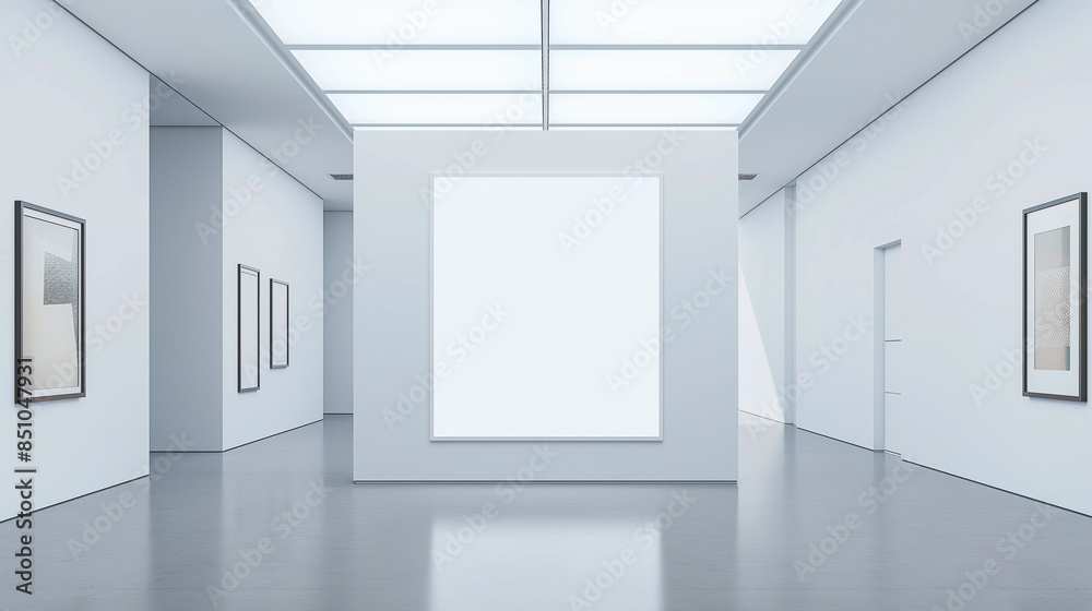 A white blank canvas hangs in a white empty room, a showroom A white blank canvas hangs in a white empty room, a showroom