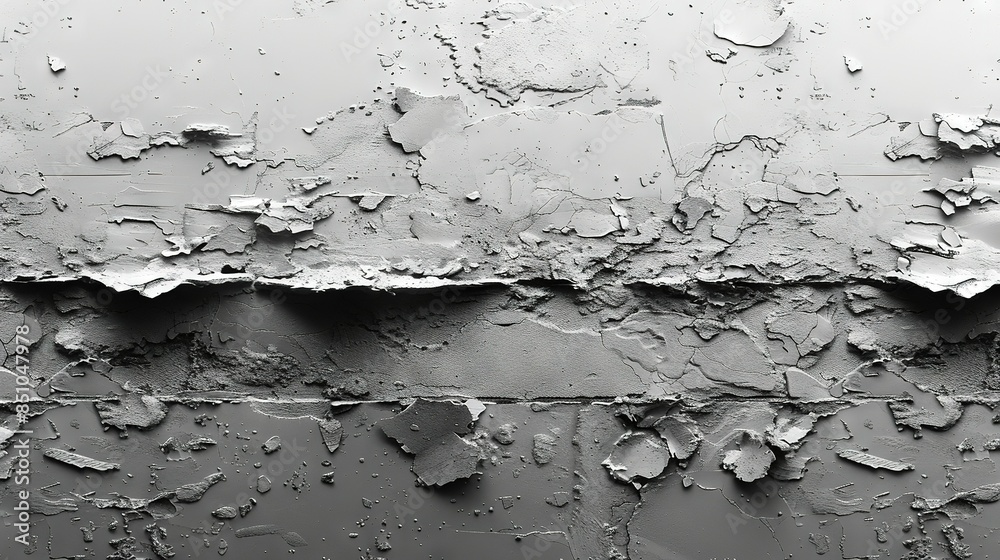 A monochromatic image depicts a peeling and chipped section of a wall's top portion, with paint in shades of black and white A monochromatic image depicts a peeling and chipped section of a wall's top portion, with paint in shades of black and white