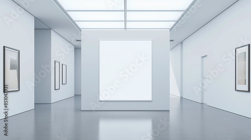 A white blank canvas hangs in a white empty room, a showroom © Tatiana