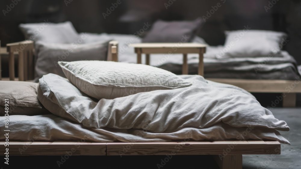 A bed with pillows and a wooden frame in the middle of it, AI A bed with pillows and a wooden frame in the middle of it, AI