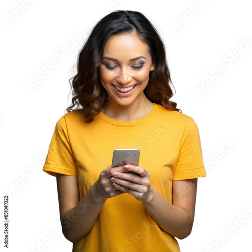 Happy Woman Using Smartphone In Yellow T-Shirt on Transparent Background