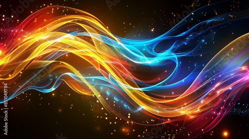 Abstract colorful light waves on a dark background. Flowing lines in red, blue, and yellow with dynamic motion and glowing effects. Ideal for backgrounds, technology themes, and digital designs.