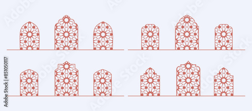 Arabian mosque window, arch, gate. Decorative lace ornamental arc, door. Line vector frame pattern
