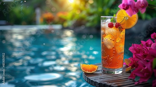  A towering glass of OJ beside a shimmering pool adorned with floral and fruity accents