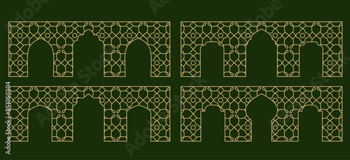 Arabian mosque wall, window, arch, gate. Decorative gold ornamental arc, door.Line vector pattern