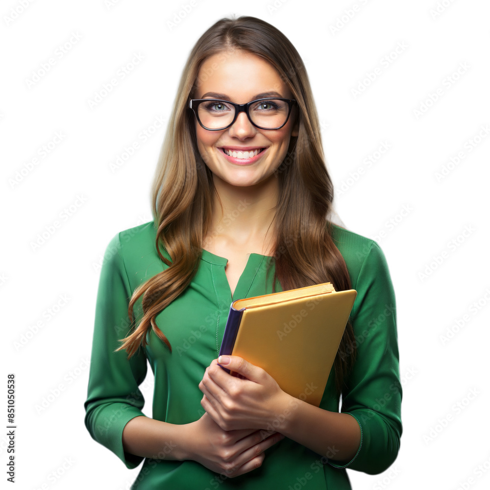 Smiling Young Woman Holding Books in Green Shirt on Transparent Background