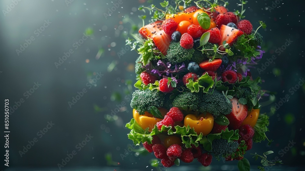 Fresh fruits and vegetables float in air: broccoli, strawberries, raspberries, blueberries Fresh fruits and vegetables float in air: broccoli, strawberries, raspberries, blueberries