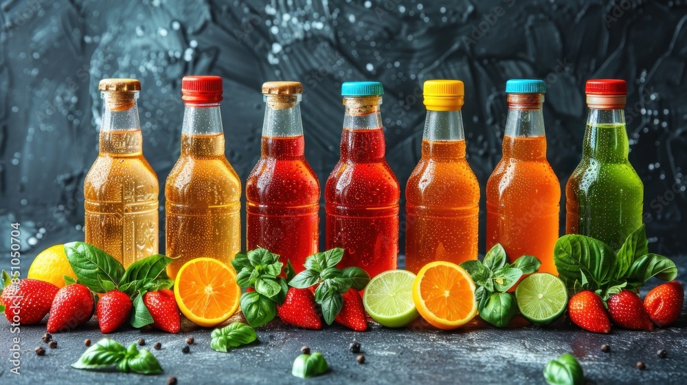 A row of colorful bottled beverages with fresh citrus and basil garnishes A row of colorful bottled beverages with fresh citrus and basil garnishes