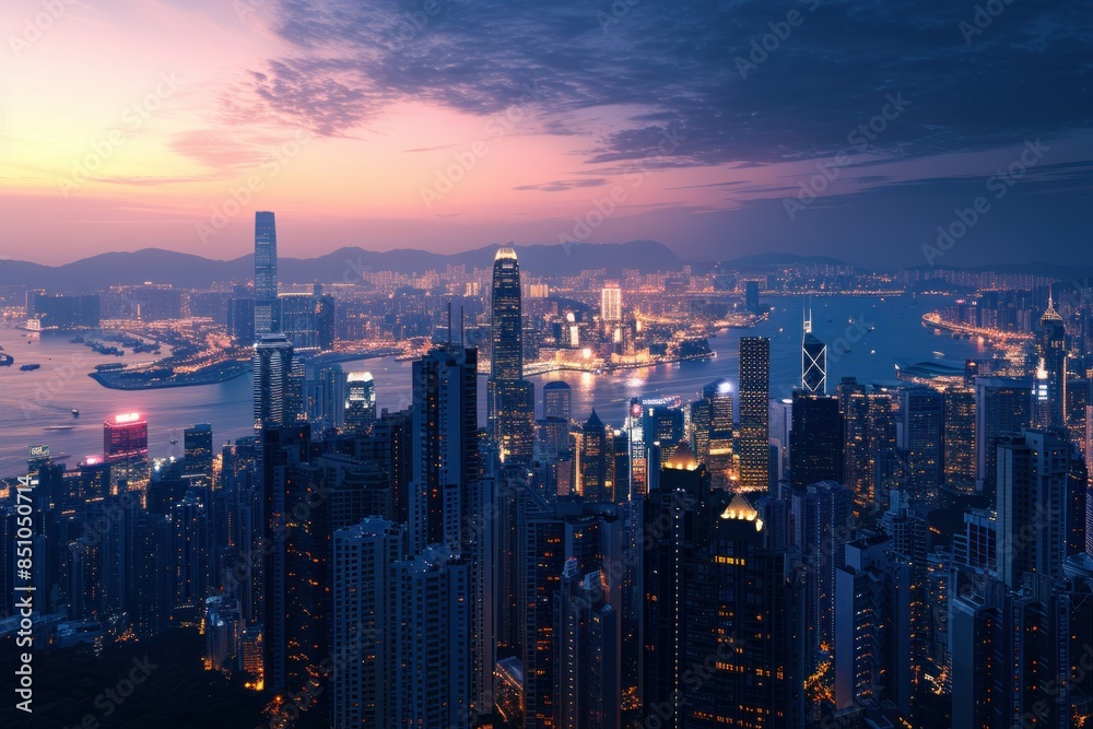 Fototapeta premium Beautiful cityscape at dusk with illuminated buildings and a cloudy sky.