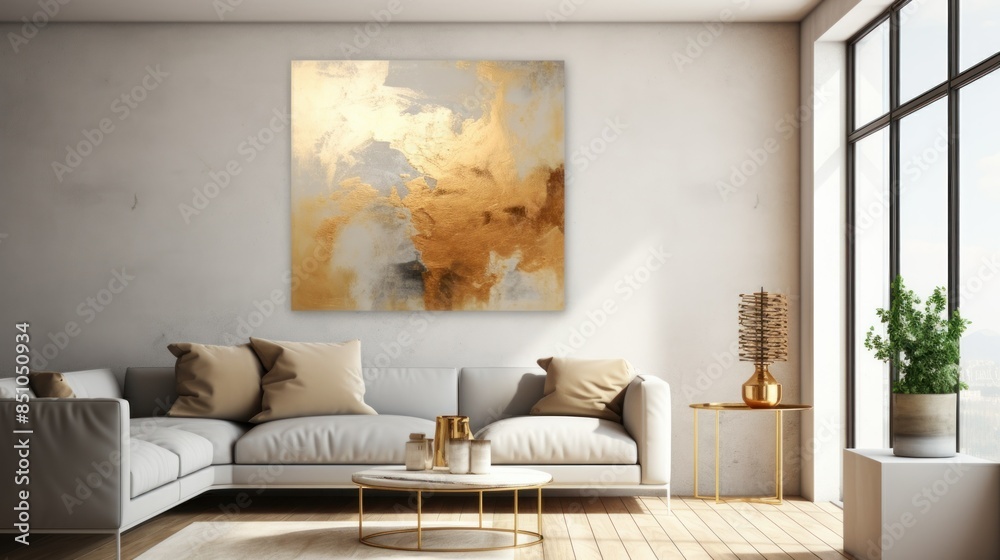 Modern, well-lit living room featuring elegant decor, golden accents, and abstract artwork. Modern, well-lit living room featuring elegant decor, golden accents, and abstract artwork.