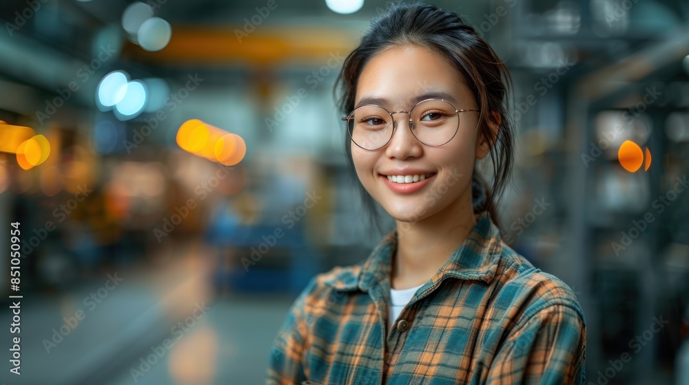 A young woman with glasses smiles brightly in a factory setting