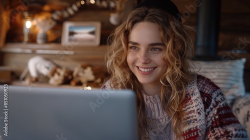 A woman with curly hair smiles as she looks at her laptop screen while sitting in a cozy cabin