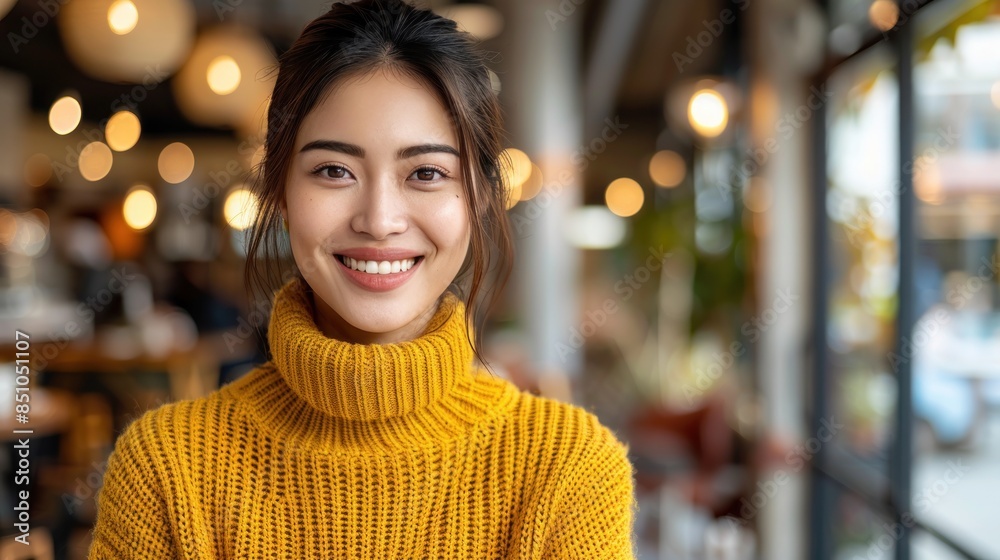 Fototapeta premium A woman in a yellow sweater smiles warmly in a cafe