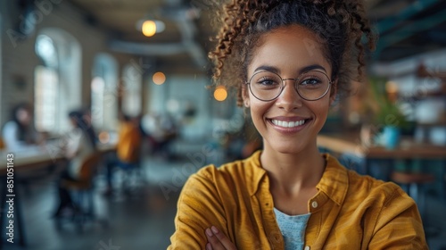Wallpaper Mural A young woman wearing glasses smiles confidently in a modern office setting Torontodigital.ca