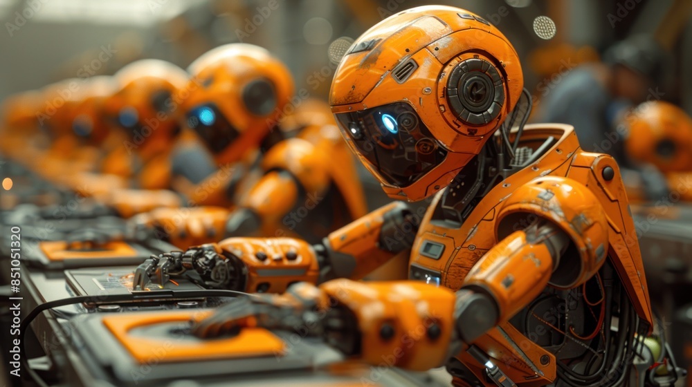 A line of orange robots work on an assembly line in a factory setting A line of orange robots work on an assembly line in a factory setting