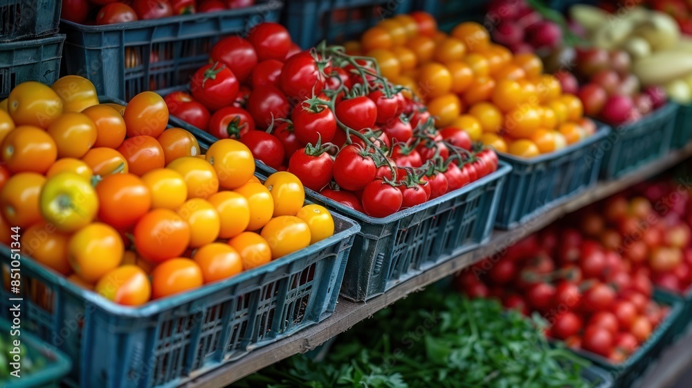 A close-up shot of colorful tomatoes in blue crates, showcasing the variety and abundance of produce at a local market A close-up shot of colorful tomatoes in blue crates, showcasing the variety and abundance of produce at a local market