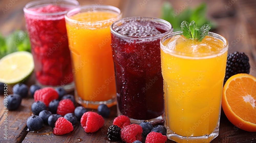 Four colorful glasses of fruit beverages with fresh fruit scattered around them Four colorful glasses of fruit beverages with fresh fruit scattered around them