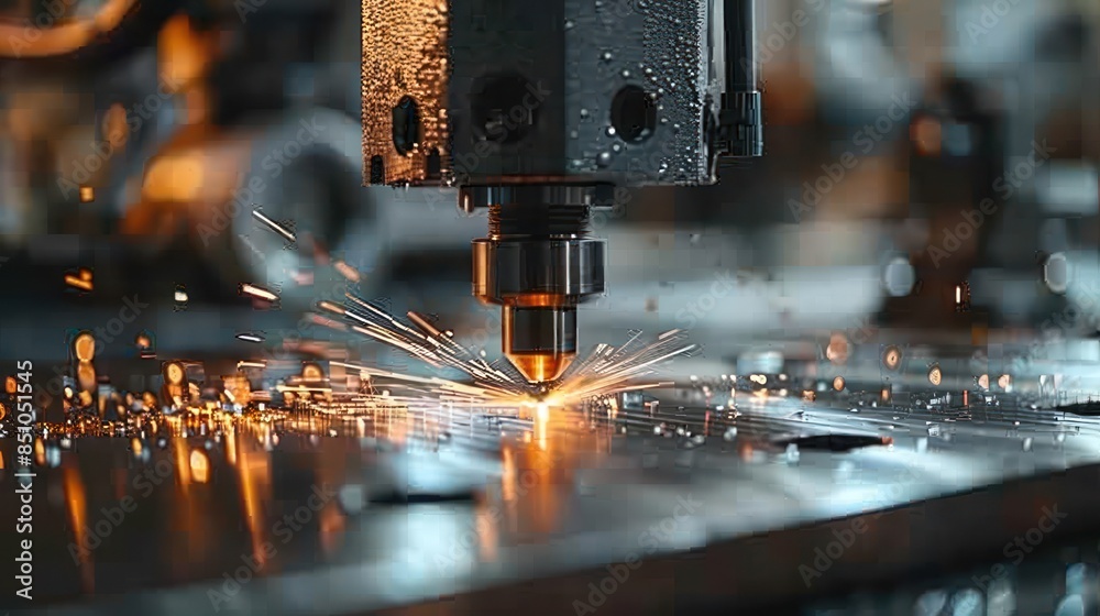 A close-up shot of a metal-cutting machine in operation, sparks fly as it cuts through the metal with precision A close-up shot of a metal-cutting machine in operation, sparks fly as it cuts through the metal with precision