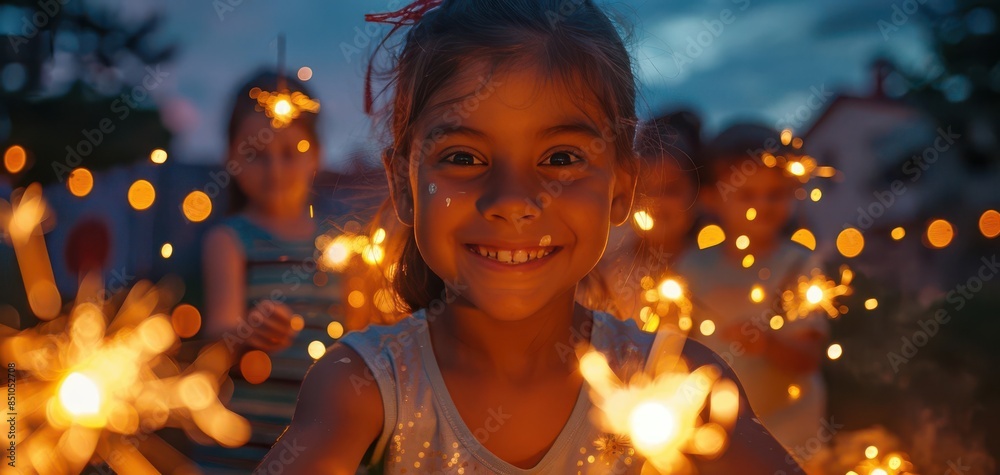 Smiling child holding a sparkler during a festive evening celebration with bokeh lights in the background.