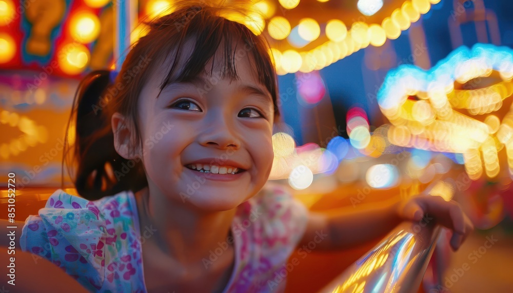 A joyful girl smiling brightly at a carnival with colorful lights in the background, enjoying the lively atmosphere of the funfair at night. A joyful girl smiling brightly at a carnival with colorful lights in the background, enjoying the lively atmosphere of the funfair at night.