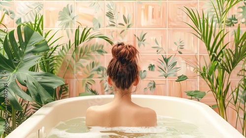 a woman in a bathtub with water and plants