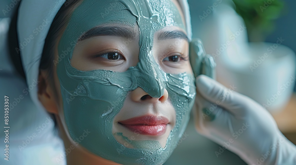 Professional esthetician applying a refreshing clay mask to a asian woman in her cleanse facial treatment Professional esthetician applying a refreshing clay mask to a asian woman in her cleanse facial treatment
