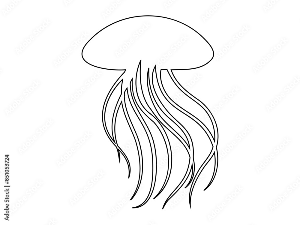 Black outline of Jellyfish with flowing tentacles. Isolated on white background. Oceanic medusa. Concept of ocean animal, sea creature. Graphic art. Print, icon, design element, coloring page Black outline of Jellyfish with flowing tentacles. Isolated on white background. Oceanic medusa. Concept of ocean animal, sea creature. Graphic art. Print, icon, design element, coloring page