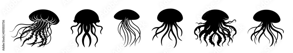 Set of Black silhouettes of Jellyfish with flowing tentacles. Oceanic medusas. Concept of ocean animal, sea creature. Graphic illustration. Print, icon, logo, design elem. Isolated on white background Set of Black silhouettes of Jellyfish with flowing tentacles. Oceanic medusas. Concept of ocean animal, sea creature. Graphic illustration. Print, icon, logo, design elem. Isolated on white background
