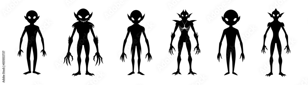 Set of Black silhouettes of an aliens isolated on white background. Humanoids. Graphic art. Concept of extraterrestrial, sci-fi design, space character. Icon, print, pictogram, design element Set of Black silhouettes of an aliens isolated on white background. Humanoids. Graphic art. Concept of extraterrestrial, sci-fi design, space character. Icon, print, pictogram, design element