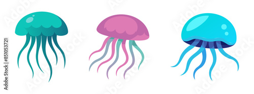 Set of jellyfish with flowing tentacles, isolated on a white background. Oceanic medusas in pastel tones. Concept of ocean animals, sea creatures. Graphic art. Print, icons, design elements