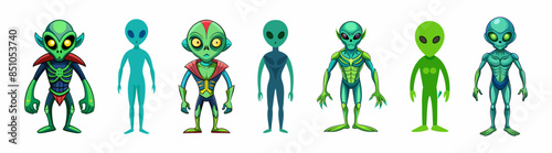 Set of aliens with large eyes isolated on white background. Extraterrestrial beings. Graphic art. Concept of extraterrestrial life, sci-fi design, space character. Print, design elements