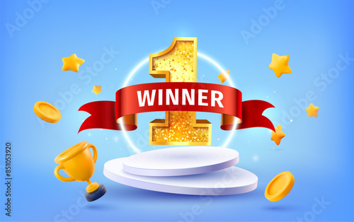 Number one on pedestal champion vector illustration. 1st place celebrating 3d vector design elements. Win first number on podium with red ribbon, goblet, stars on light background
