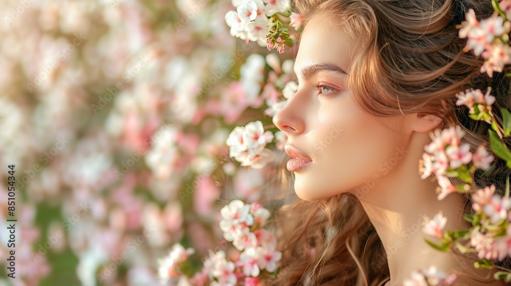 Profile portrait of a beautiful woman with spring flowers all around her Profile portrait of a beautiful woman with spring flowers all around her