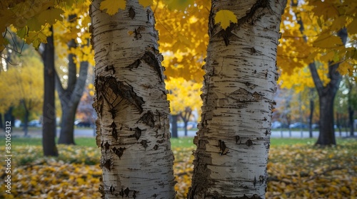 Birch tree trunk positioned at the center of a park s frame photo