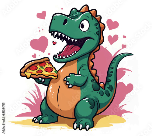 Vector drawing for children t-shirt. 
Green cute baby dinosaur
with triangular piece of pizza,   
heart on white background. 
Design for textile, paper, fabric, 
clothing for kids in cartoon style. 