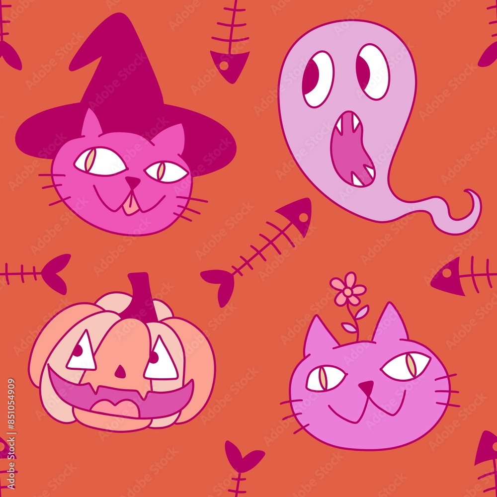 Fototapeta premium Halloween animals seamless cats and pumpkins pattern for wrapping paper