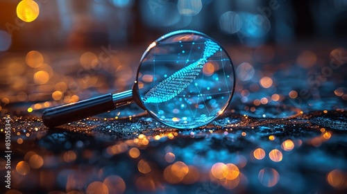 Close-up of a magnifying glass on a wet surface with colorful bokeh lights, symbolizing discovery, search, and investigation.