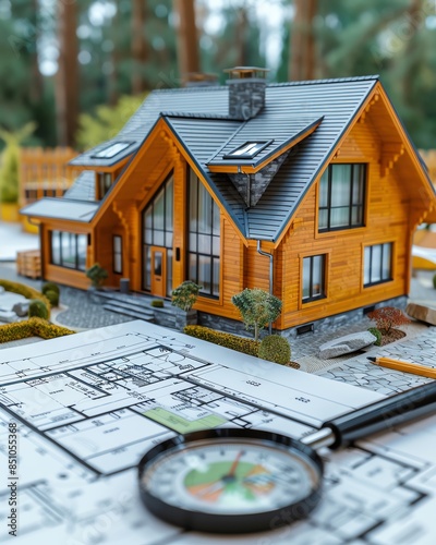 Modern wooden house model with blueprints and compass. Concept of architecture, construction, and real estate planning.