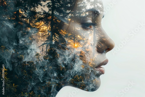Double exposure of serene woman's profile blended with forest scenery, capturing a harmonious connection between human emotion and nature.