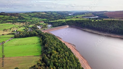 Cinematic, aerial clip of Langsett Reservoir on the edge of the Peak District National Park. photo