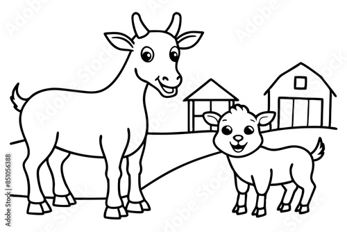 smiling goat and kid line art vector illustration